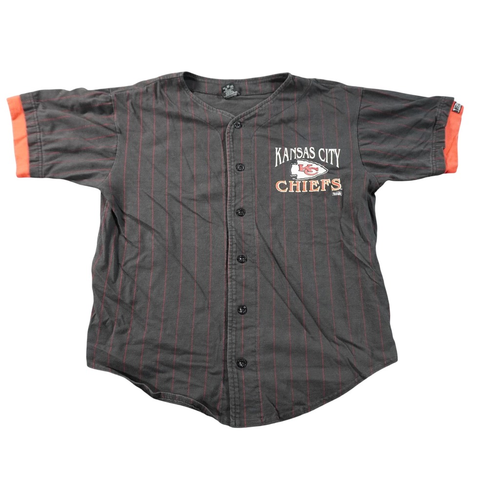 Vintage Kansas City Chiefs Baseball Jersey Mens M Black Red Pinstripe Button Up